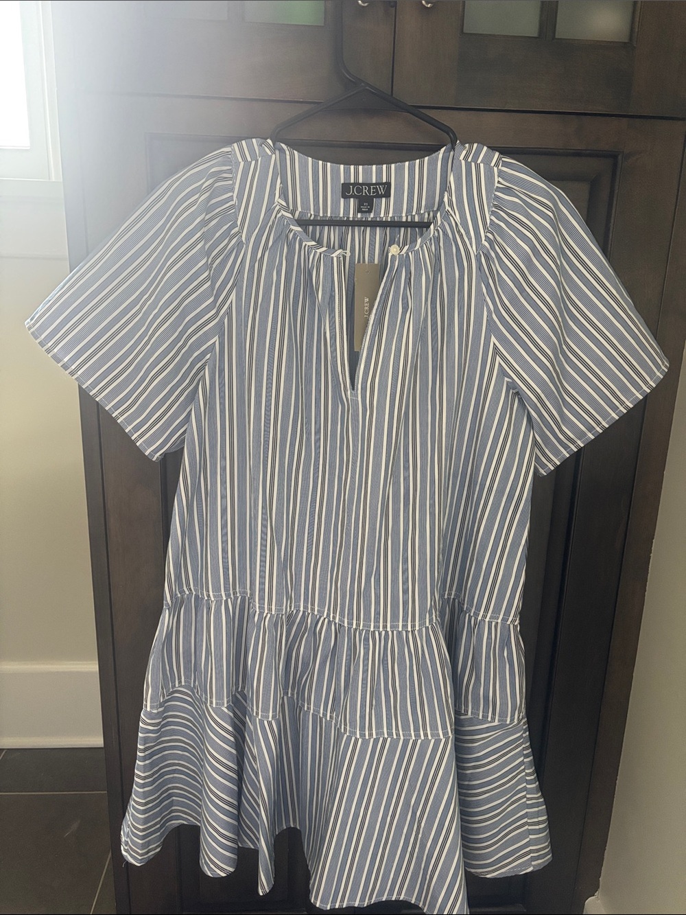 J. Crew Blue and White Striped Midi Peplum Dress 33” shoulder to hem